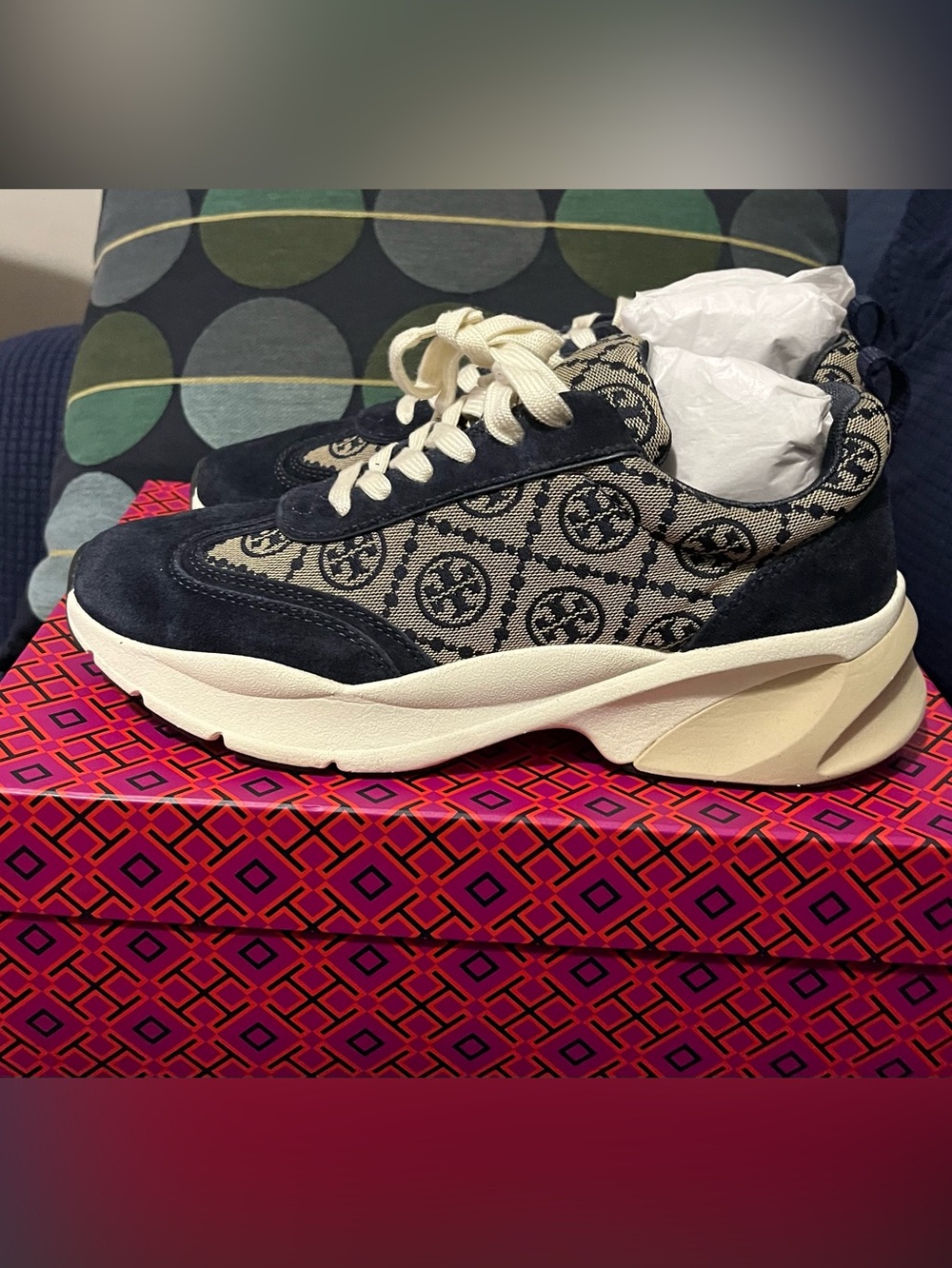 Tory Burch Navy and Cream Logo Platform Sneakers, New